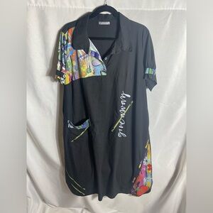 Gorgo Black Shirt Dress Abstract Color Block Print Made in Turkey Size 50